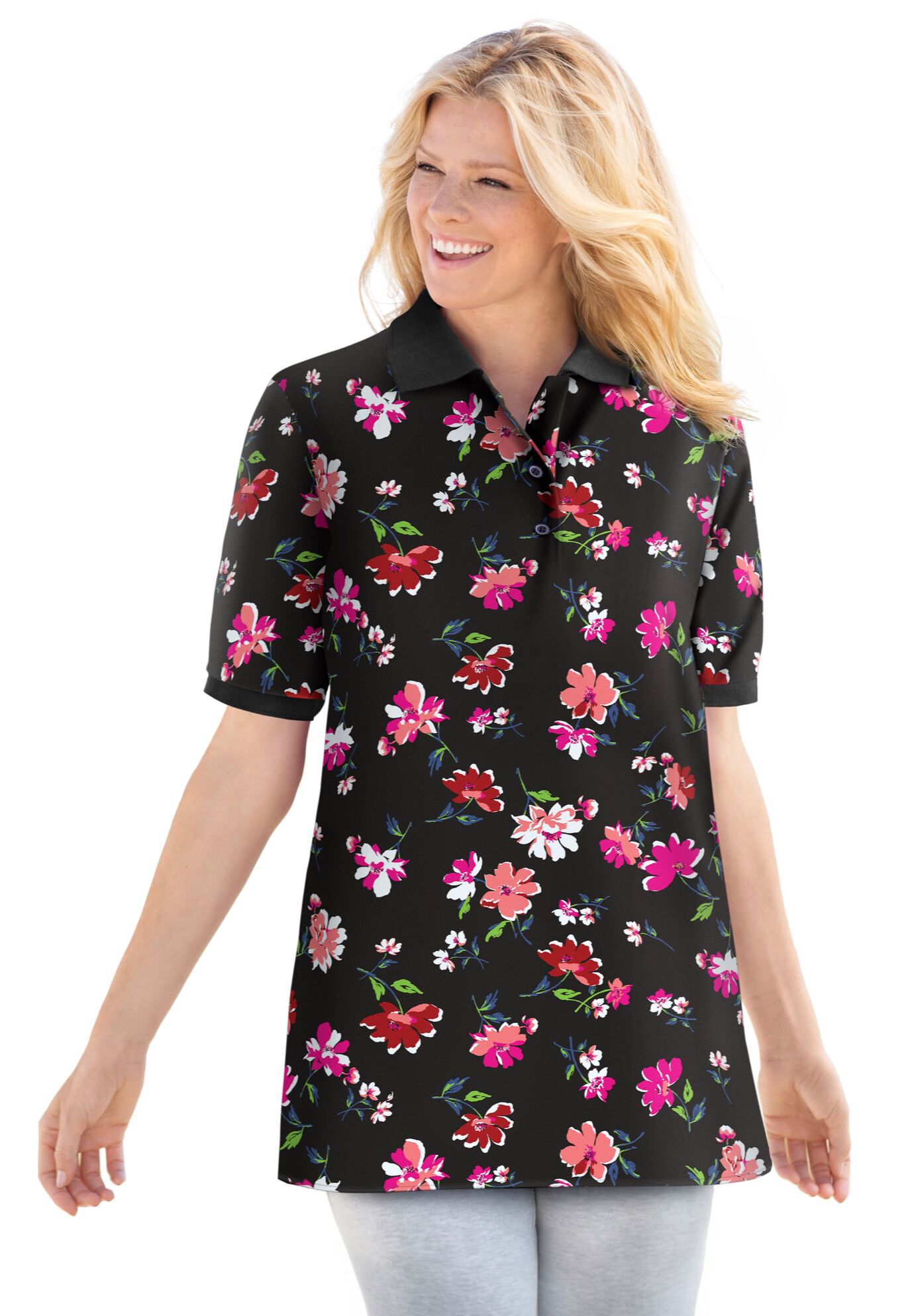Elbow-Sleeve Polo Tunic, BLACK MULTI FLORAL, hi-res image number 0