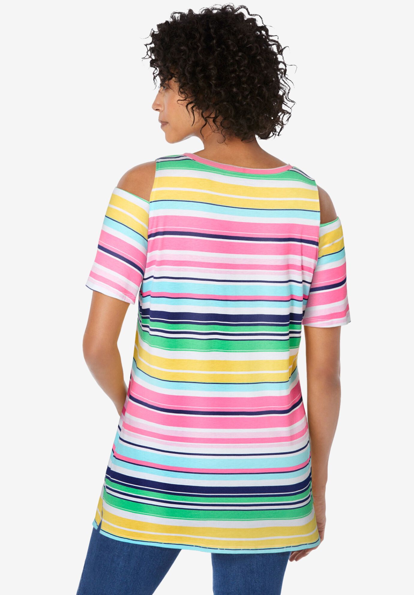 Cold-Shoulder Short-Sleeve Tee with Side Slits, White Cold-Shoulder Short-Sleeve Tee with Side Slits, White