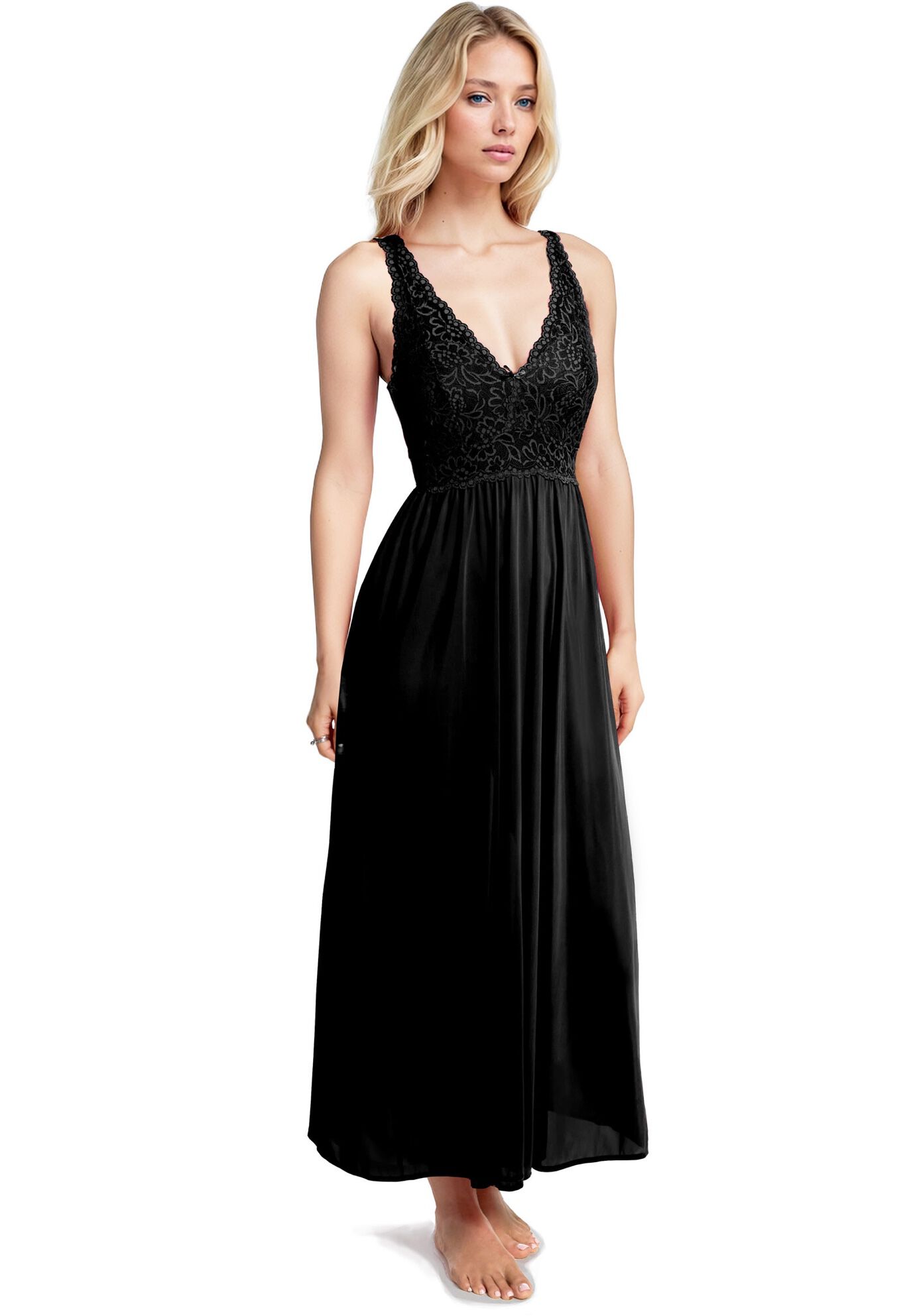 Women'S Classy Nylon Tricot Sleeveless Long With Stretchy Lace Night Gown