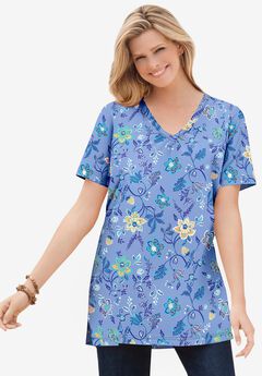 Perfect Printed Short-Sleeve Shirred V-Neck Tunic