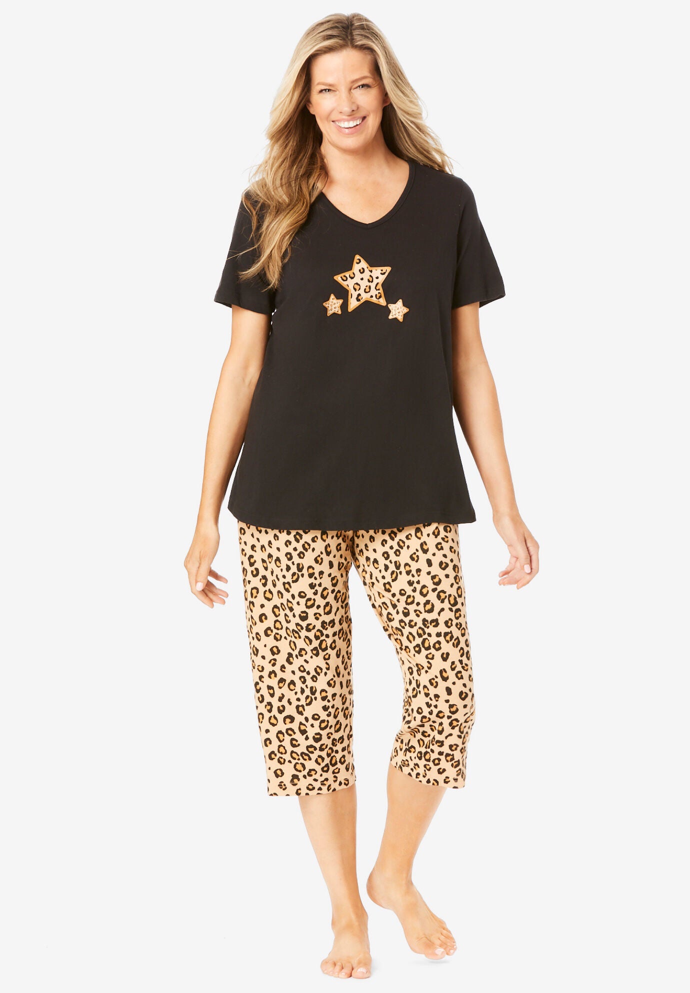 2 Piece Capri PJ Set for Women Cotton Pajamas Classic Leopard Woman Within