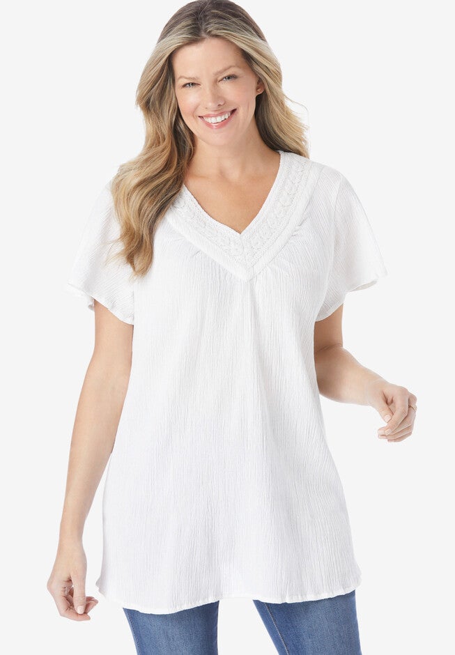Crochet V-Neck Tunic, WHITE, hi-res image number 0