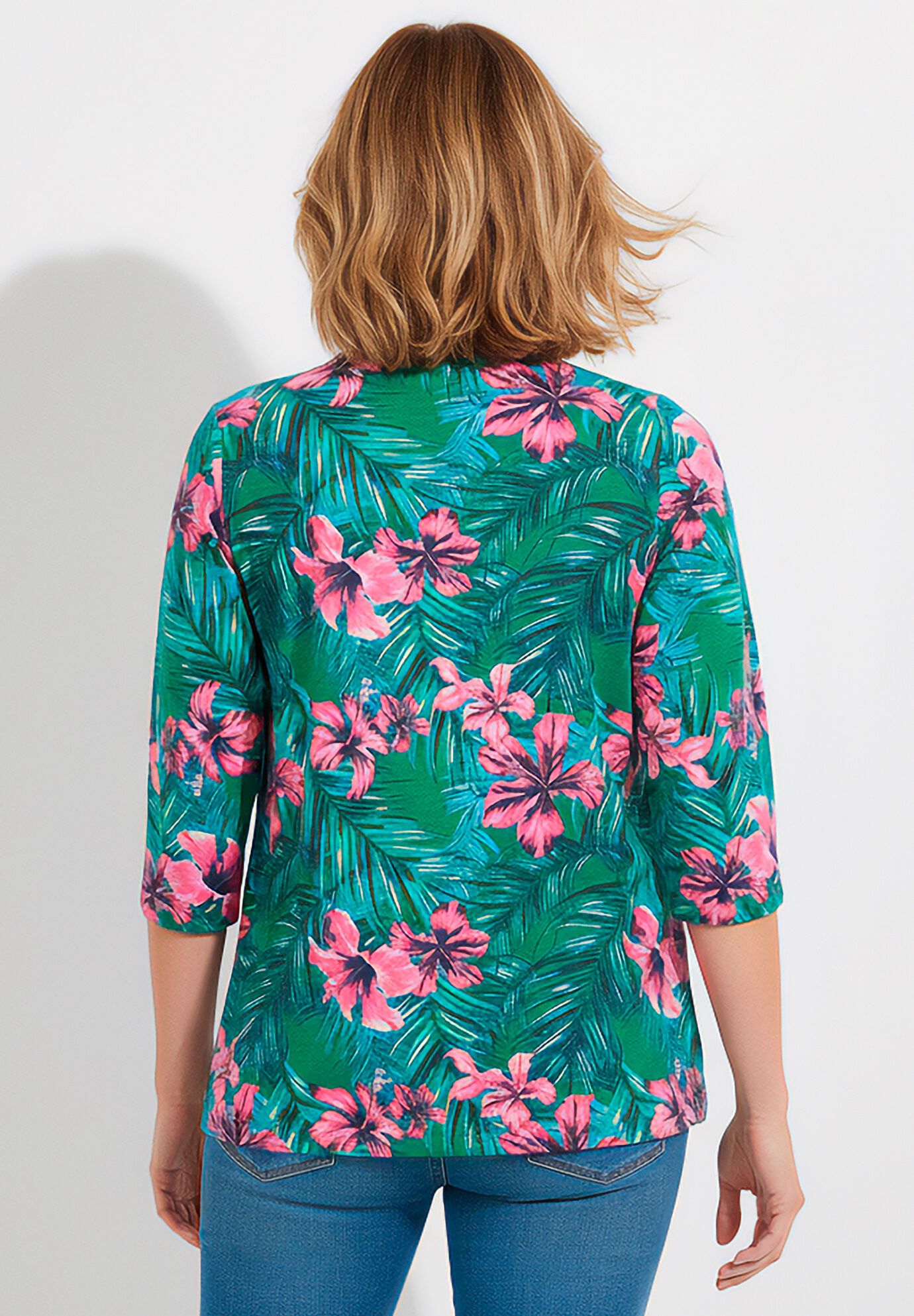 Perfect Printed Three-Quarter Sleeve V-Neck Tee, EMERALD TROPICAL BLOOM, on-hover image number 1