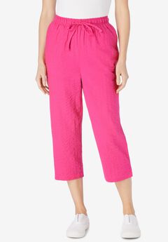 Seersucker Pull-On Elastic-Waist Capri Pants