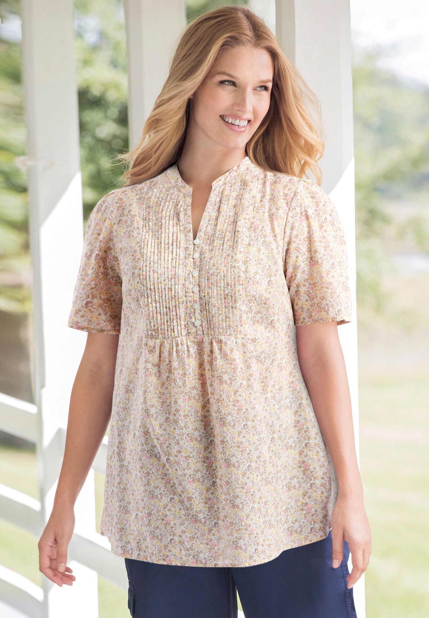Pintucked Half-Button Tunic, , alternate image number 2