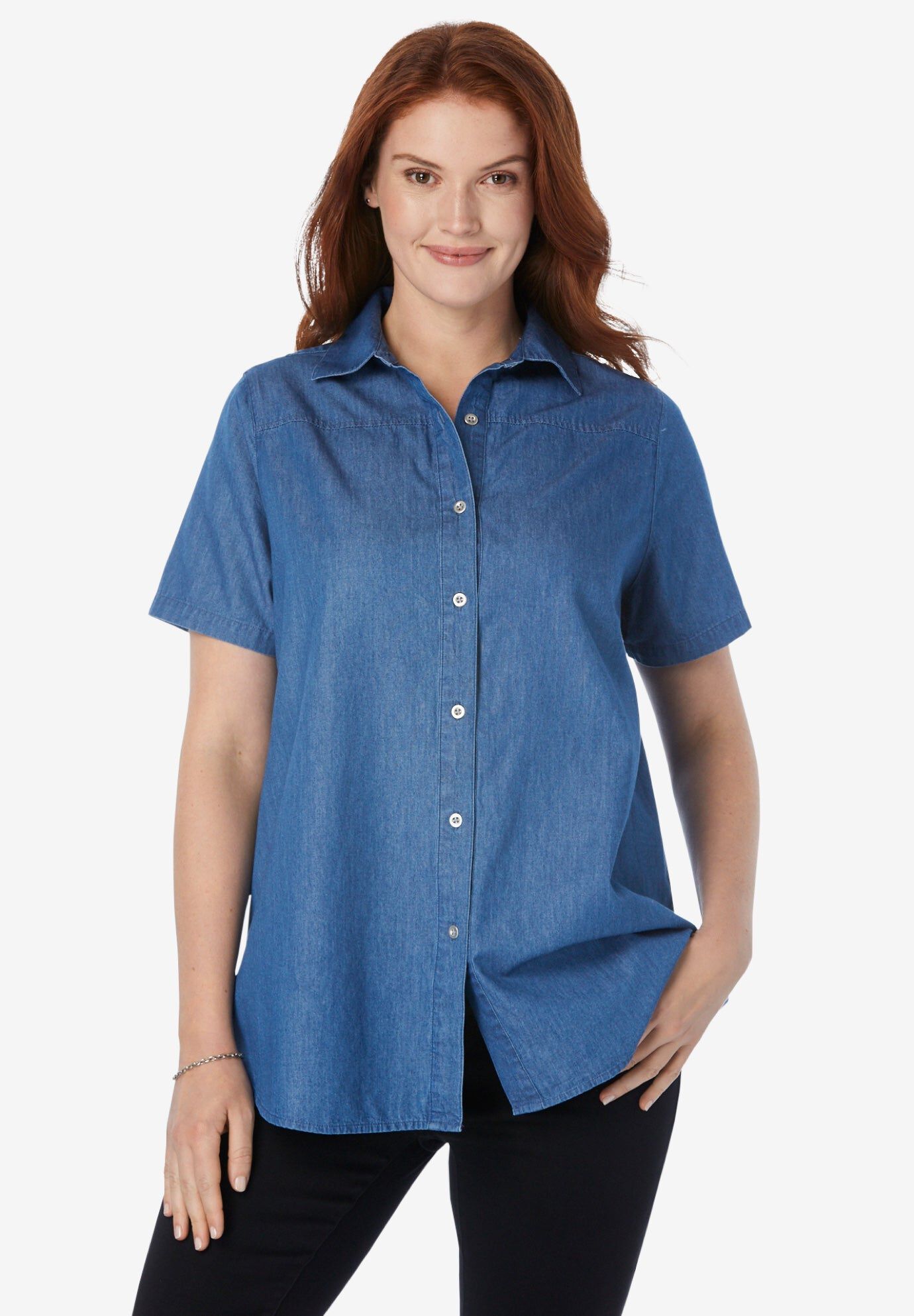 Short-Sleeve Denim Shirt, MEDIUM STONEWASH, hi-res image number 0