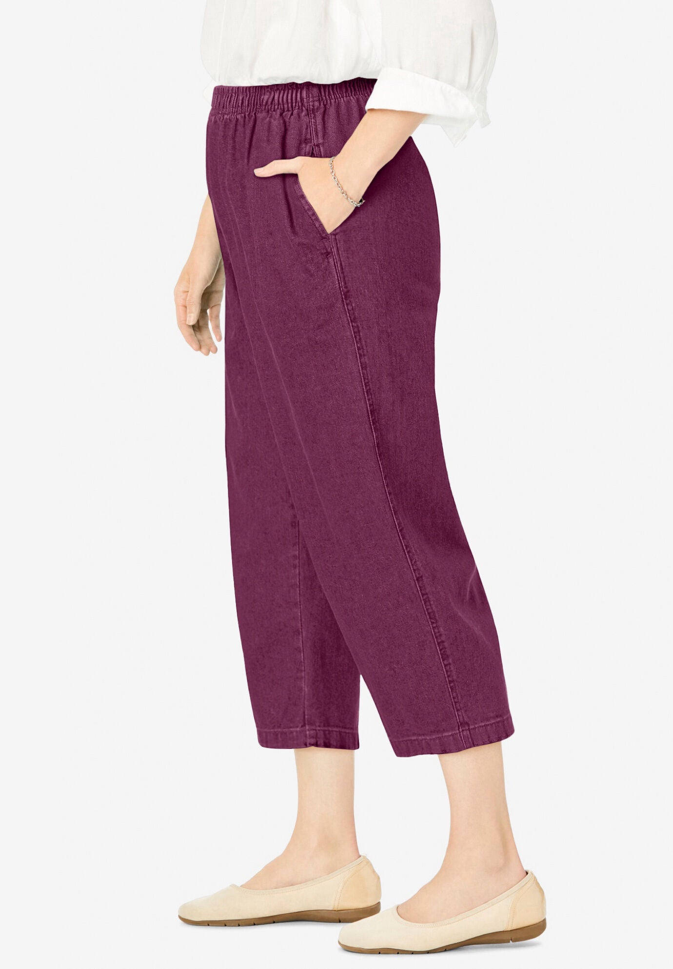 7-Day Elastic-Waist Pull-On Cotton Denim Capri Jeans, DEEP CLARET, alternate image number 2