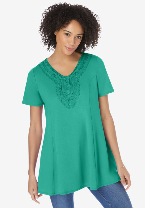 Rounded V-Neck Crochet Tunic, PRETTY JADE, hi-res image number null