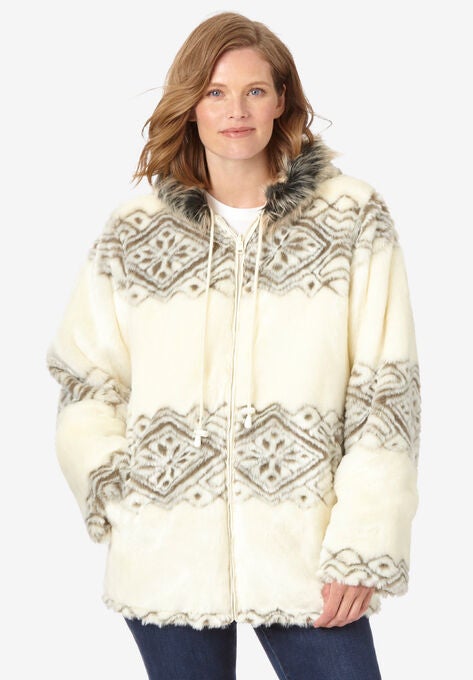Faux Fur Snowflake Print Hooded Jacket Plus Sizefaux Fur Coats