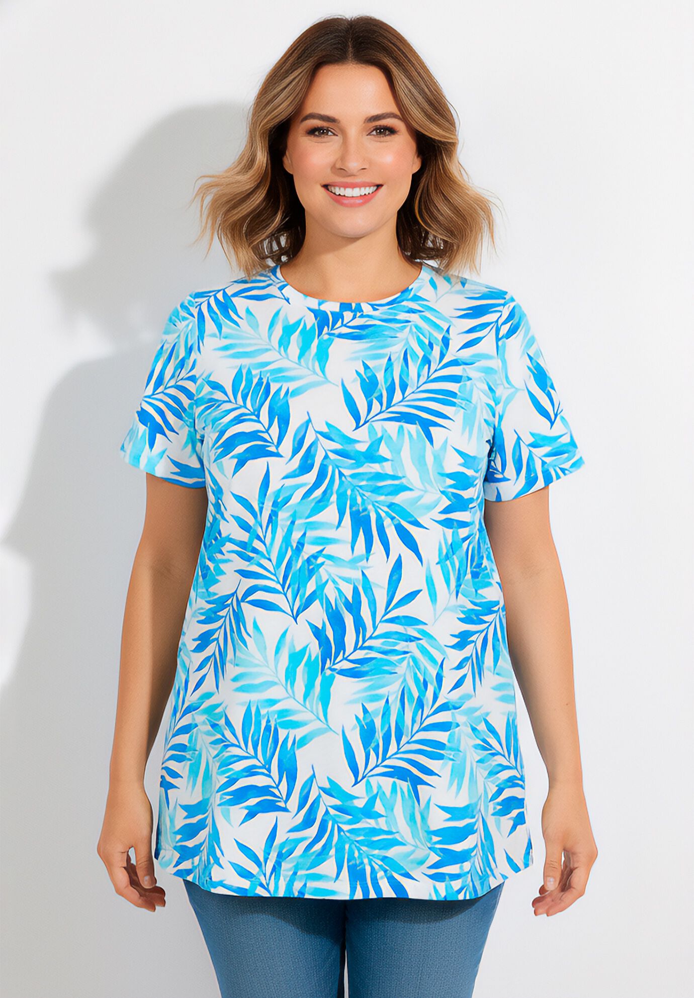 Perfect Printed Short-Sleeve Crewneck Tee, BLUE BREEZY PALMS, hi-res image number 0