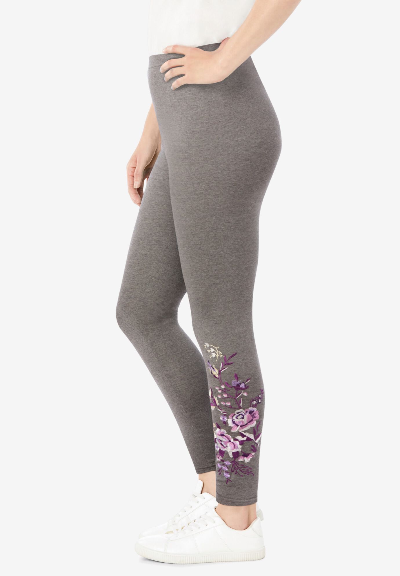 Stretch-Cotton Knit Pull-On Embroidered Leggings, MEDIUM HEATHER GREY FLORAL EMBROIDERY, alternate image number 3