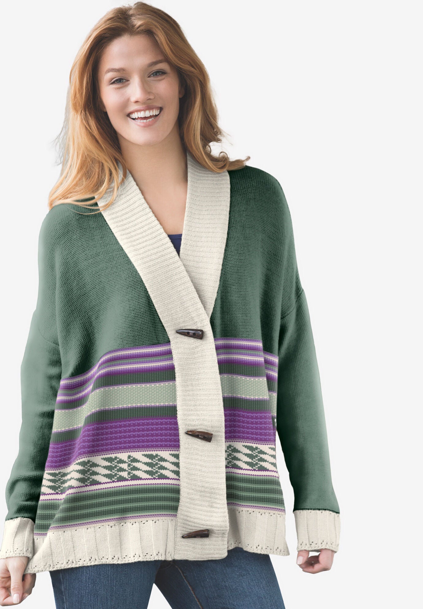 Plus Size Women's Aztec Print Cardigan by Woman Within in Pine Jacquard (Size 5X)