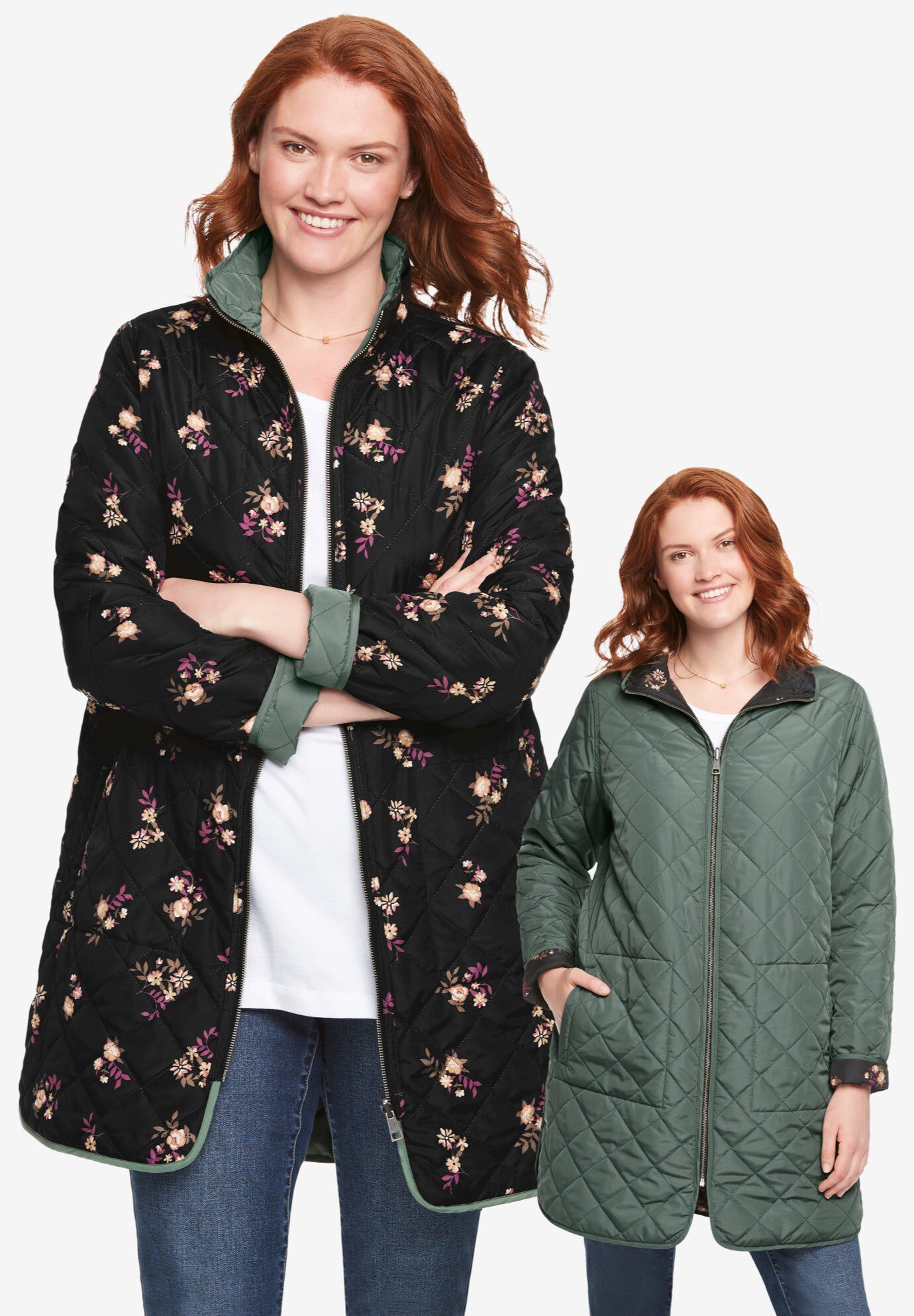 Reversible Quilted Barn Jacket, PINE BLACK PRAIRIE FLORAL, hi-res image number 0
