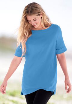 Perfect Cuffed Elbow-Sleeve Boat-Neck Tee
