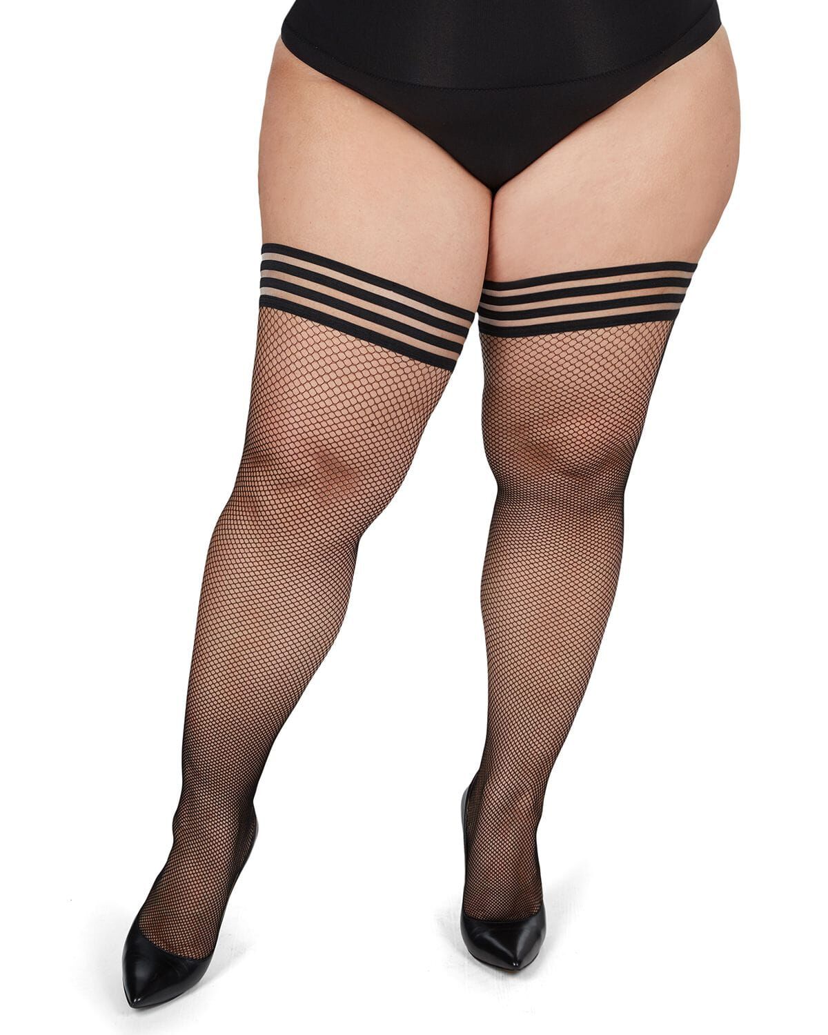 Plus Size Curvy Backseam Fishnet Thigh High Stocking, BLACK BLACK, alternate image number 2