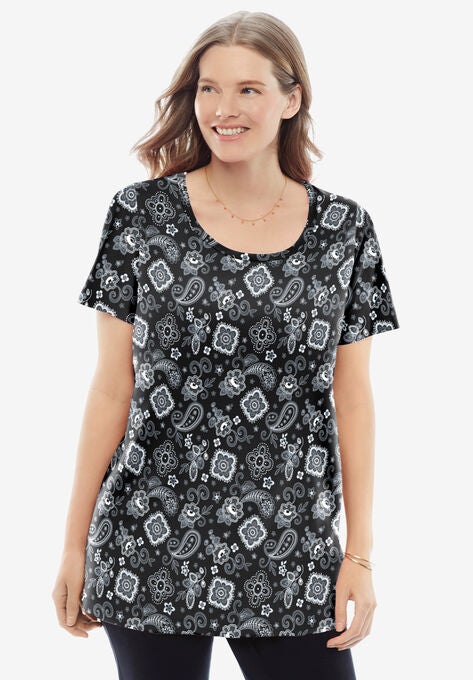Perfect Printed Short-Sleeve Scoopneck Tee, BLACK BANDANA PAISLEY, hi-res image number null