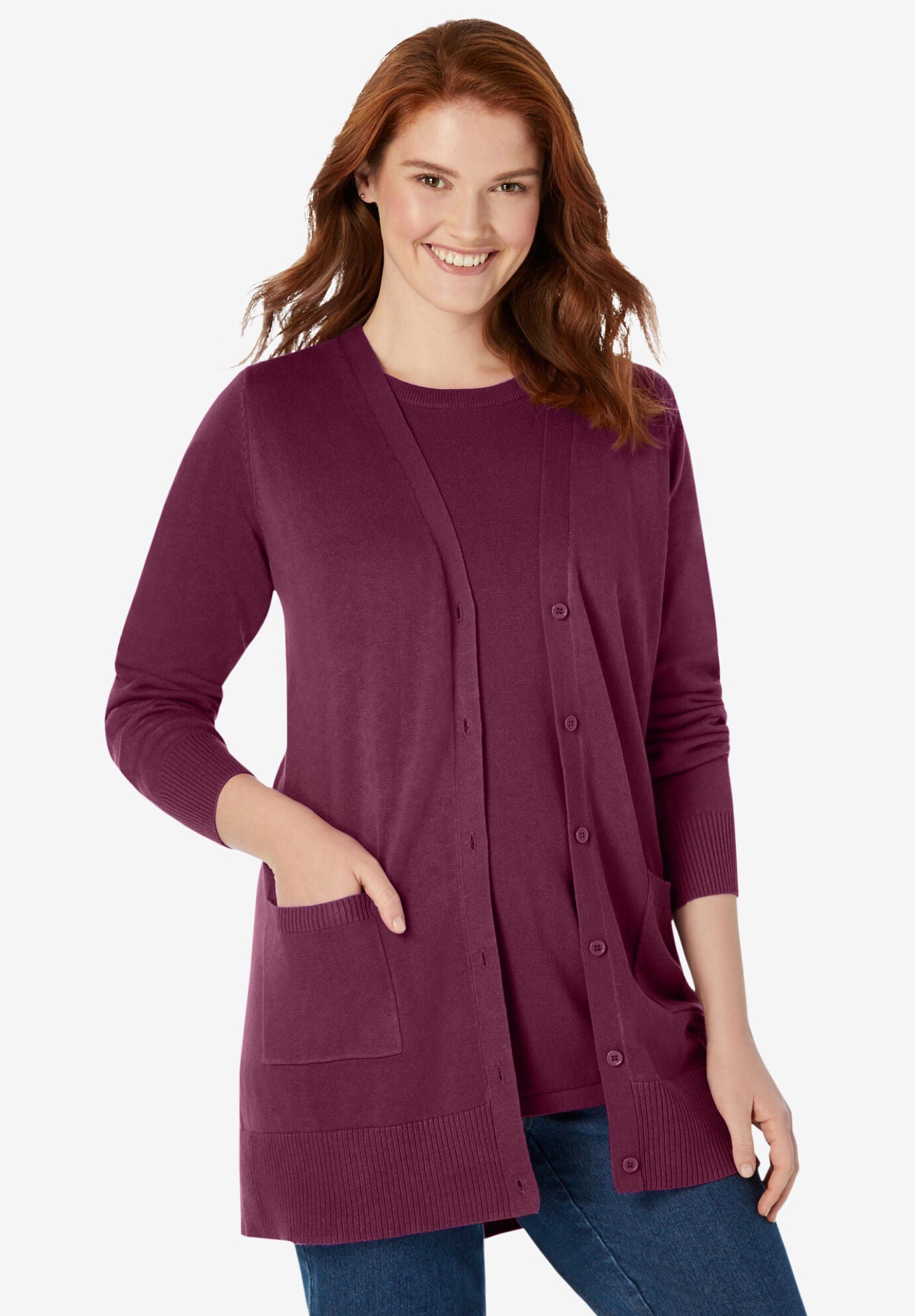 Perfect Longer-Length Cotton Cardigan Sweater, DEEP CLARET, hi-res image number 0