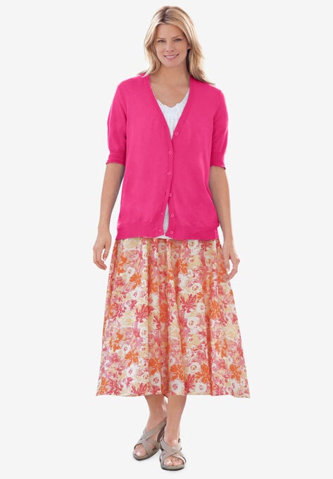 Short Sleeve V-Neck Cardigan, RASPBERRY SORBET, hi-res image number null
