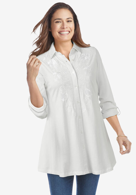 Button-Front Embroidered Tunic, WHITE EMBROIDERY, hi-res image number null