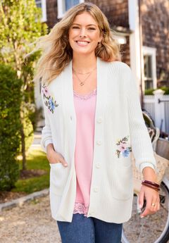 Embroidered Shaker Cardigan Sweater