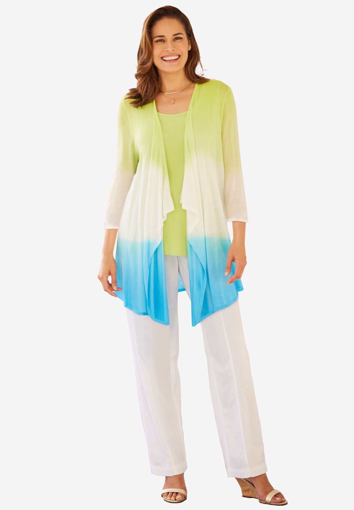 Lightweight Ombr&egrave; Open Front Cardigan Sweater, LIME PARADISE BLUE OMBRE, hi-res image number 0