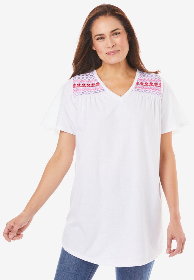 Flutter-Sleeve Embroidered Tunic, WHITE MULTI EMBROIDERY, hi-res image number 0