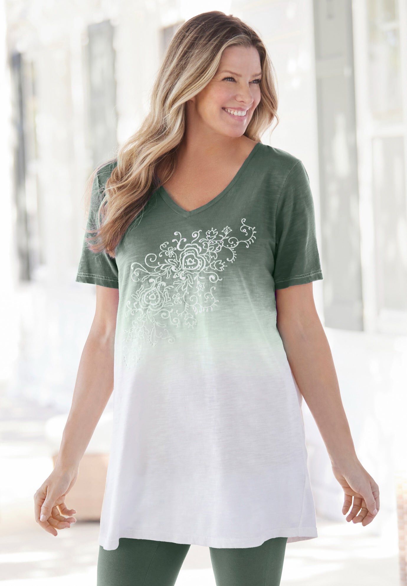 Short-Sleeve V-Neck Embroidered Dip Dye Tunic, PINE OMBRE, hi-res image number 0