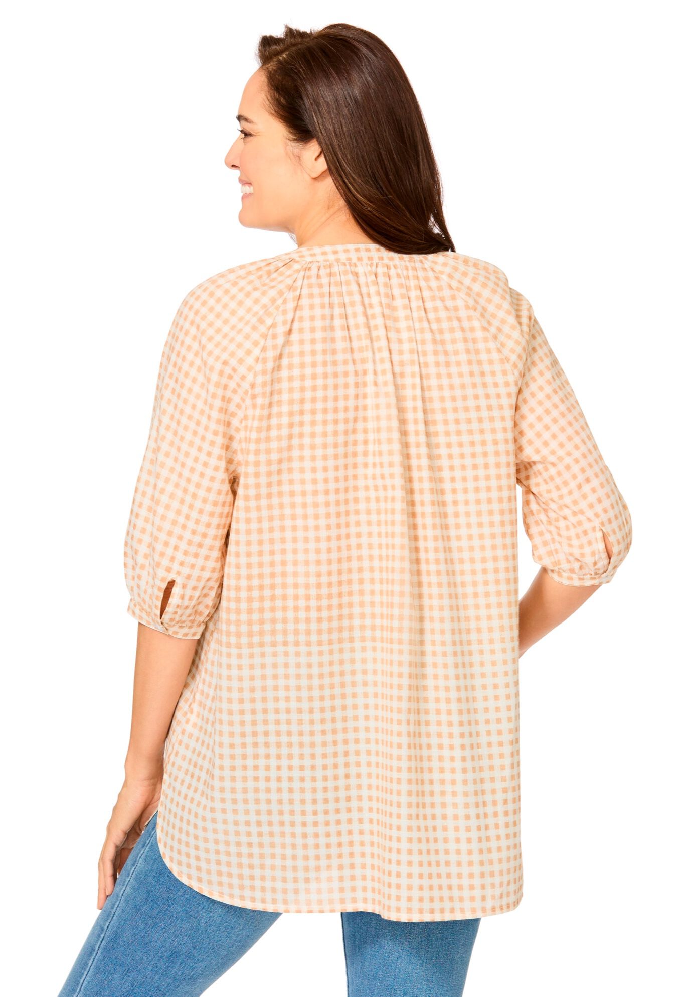 Three-Quarter Sleeve Full Placket Blouse, NEW KHAKI GINGHAM, on-hover image number 1