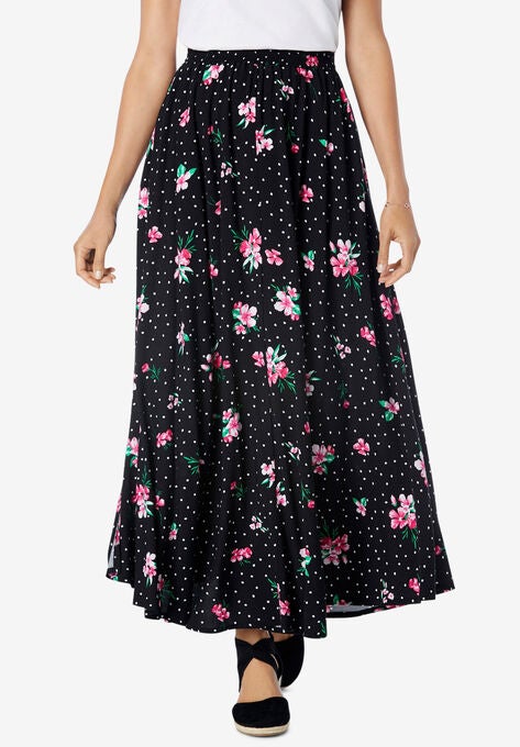 Pull-On Elastic Waist Soft Maxi Skirt, BLACK CHARMING BLOSSOM, hi-res image number null