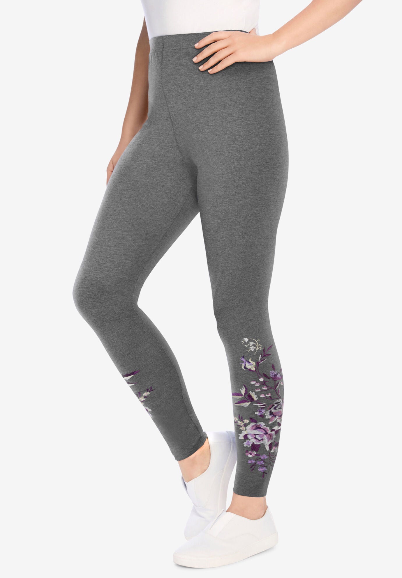 Stretch-Cotton Knit Pull-On Embroidered Leggings, MEDIUM HEATHER GREY FLORAL EMBROIDERY, hi-res image number 0