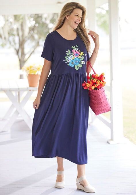 Short-Sleeve Scoopneck Empire Waist Dress, , alternate image number null