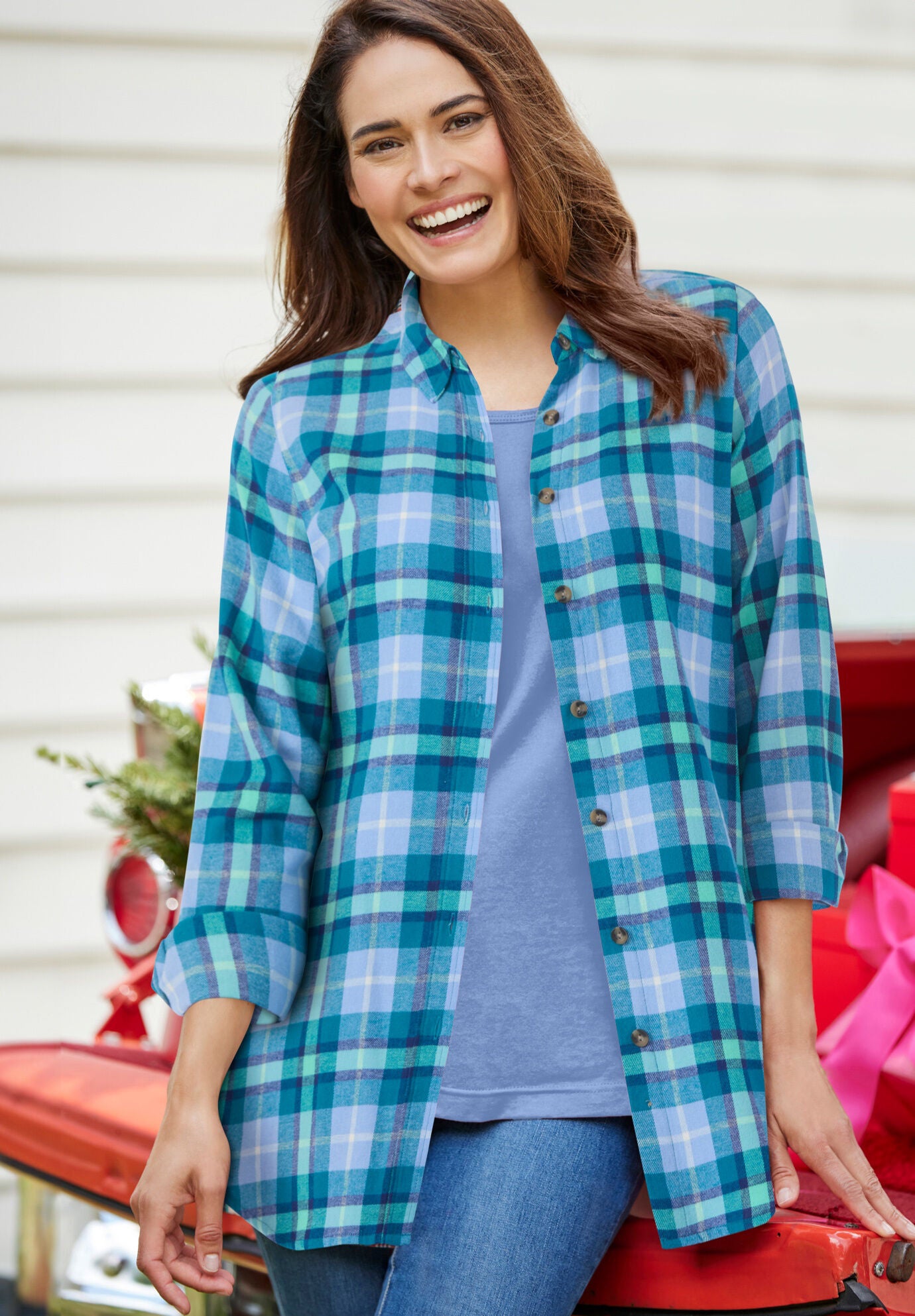 Teal plaid shirt womens discount