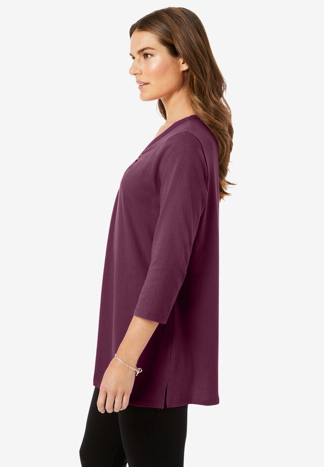 Perfect Three-Quarter Sleeve Shirred V-Neck Tee, , alternate image number null