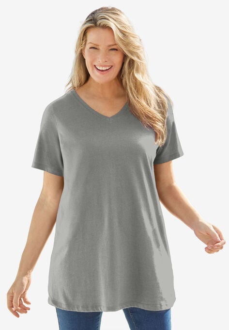 Perfect Short-Sleeve V-Neck Tunic, MEDIUM HEATHER GREY, hi-res image number null