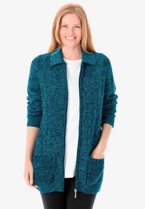 Marled Zip-Front Cable Knit Cardigan, DEEP TEAL OASIS MARLED, hi-res image number null