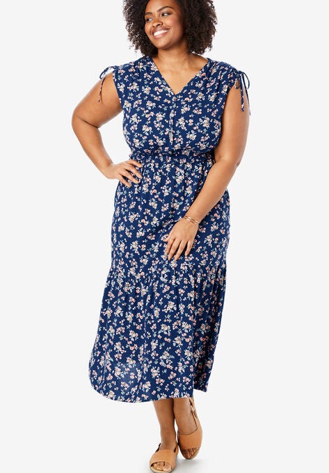 Ruched Sleeve Tiered Midi Dress Plus Size Casual Dresses Woman