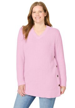 Side Button V-Neck Waffle Knit Sweater