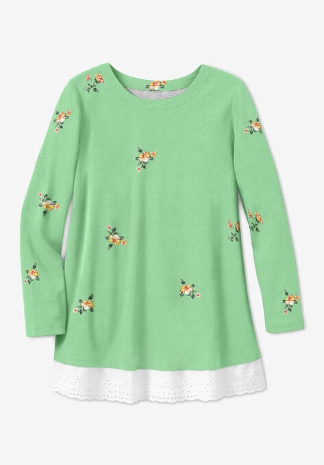 Eyelet Trim Long-Sleeve Tunic, PISTACHIO TOSSED BOTANICAL, hi-res image number null