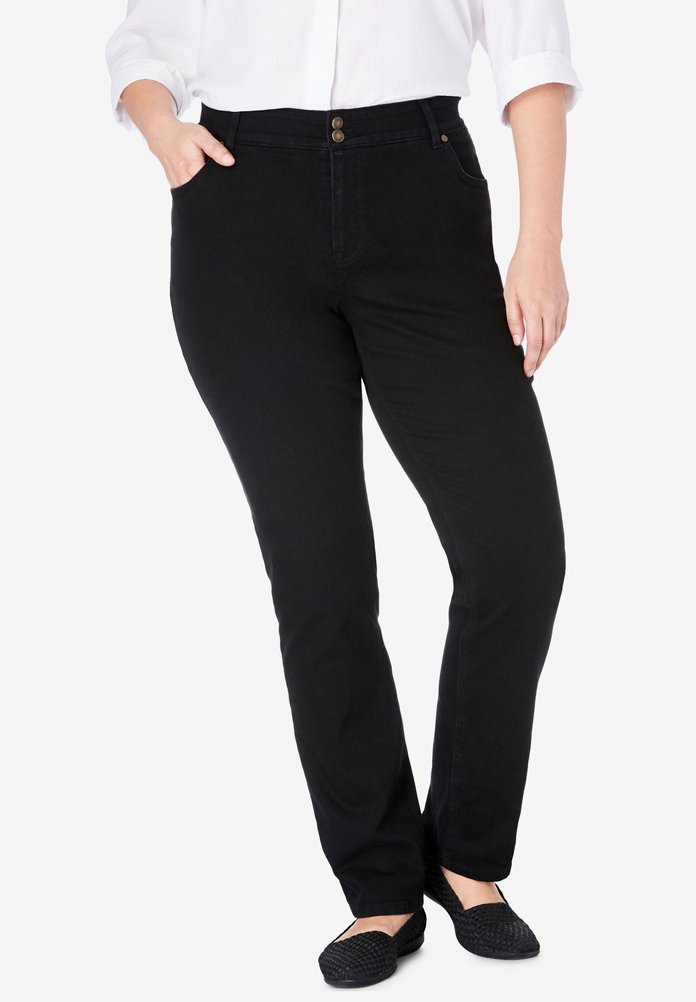 Secret Solutions&trade; Tummy Smoothing Straight-Leg Stretch Denim Jeans, BLACK DENIM, hi-res image number 0