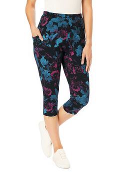 Stretch-Cotton Knit Pull-On Printed Pocket Capri Leggings