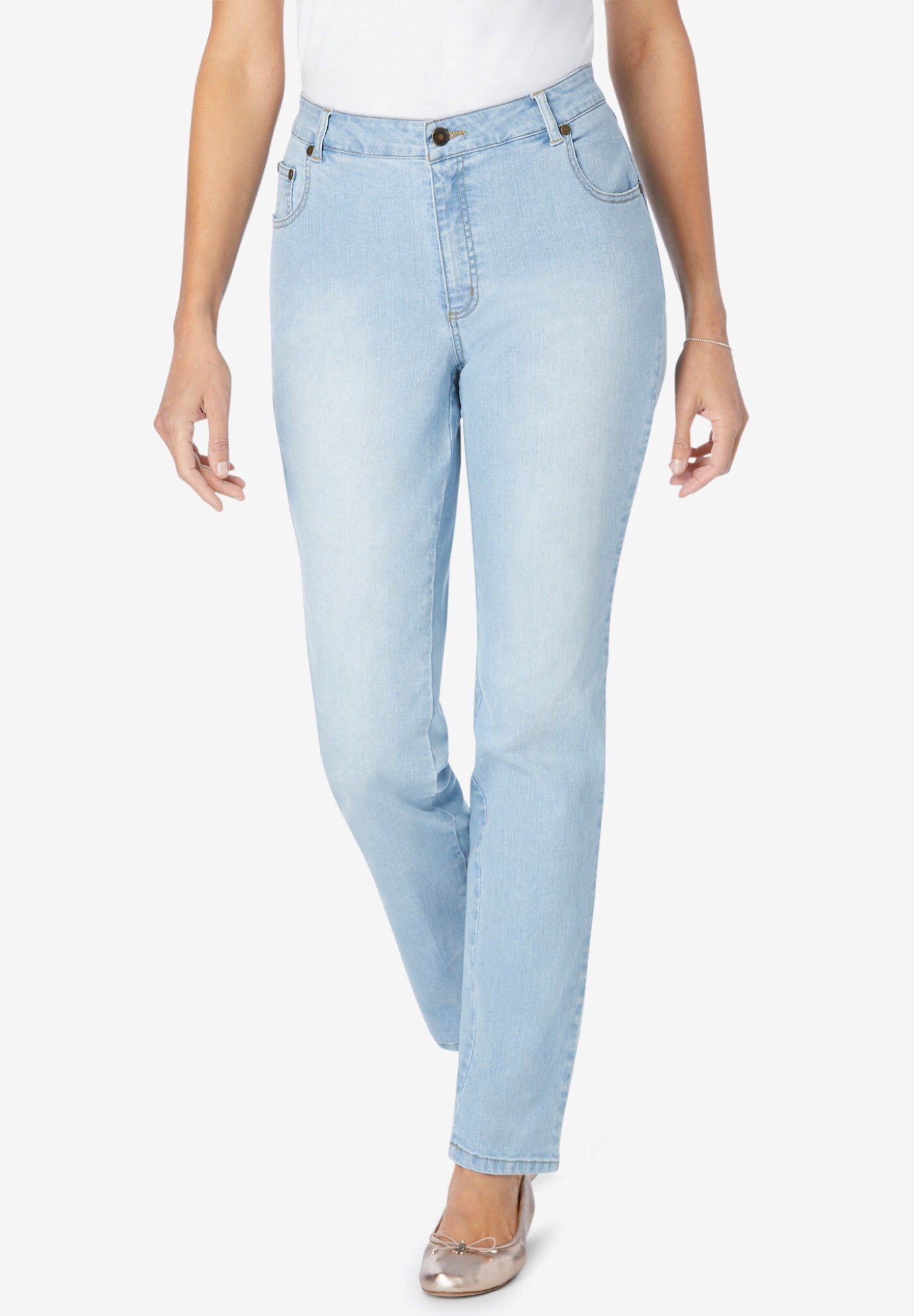 Stretch Denim 5-Pocket Straight-Leg Jeans, LIGHT WASH SANDED, hi-res image number 0