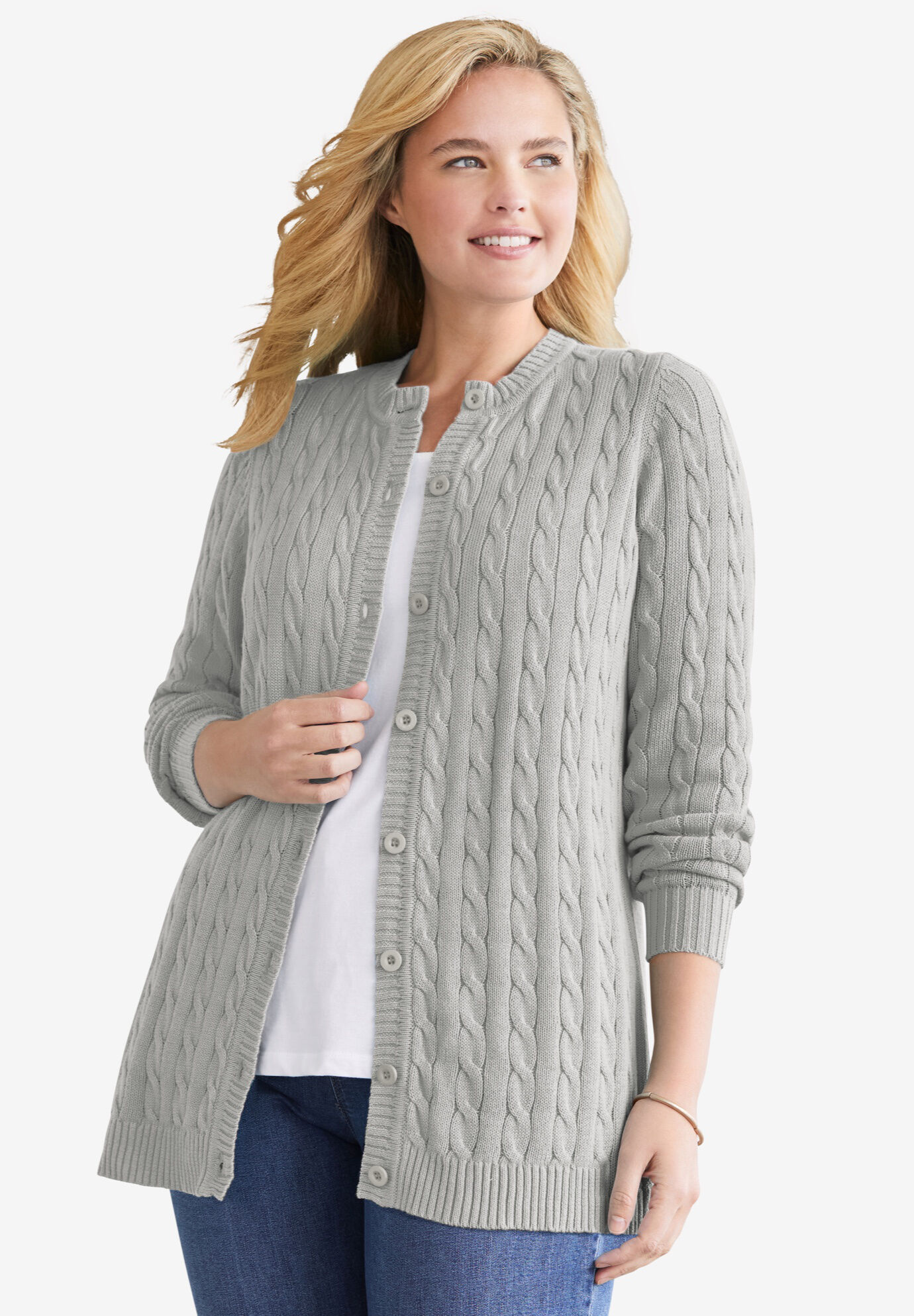 Woman Within Womens Plus Size Open Front Cable Knit Cardigan