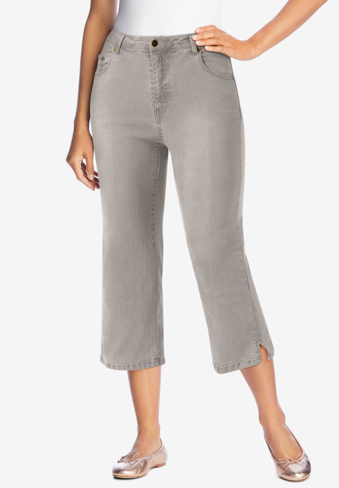 Stretch Denim Five-Pocket Capri Jeans, GREY SANDED WASH, hi-res image number 0