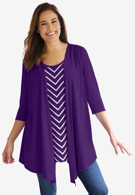 Layered 2-in-1 Tunic, RADIANT PURPLE BIAS STRIPE, hi-res image number null