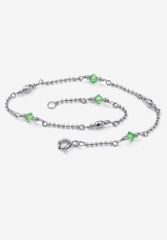 Platinum Plated Silver Ankle Bracelet (2Mm), Round Simulated Birthstone 11 Inches