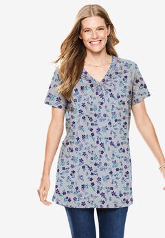 Perfect Printed Short-Sleeve Shirred V-Neck Tunic