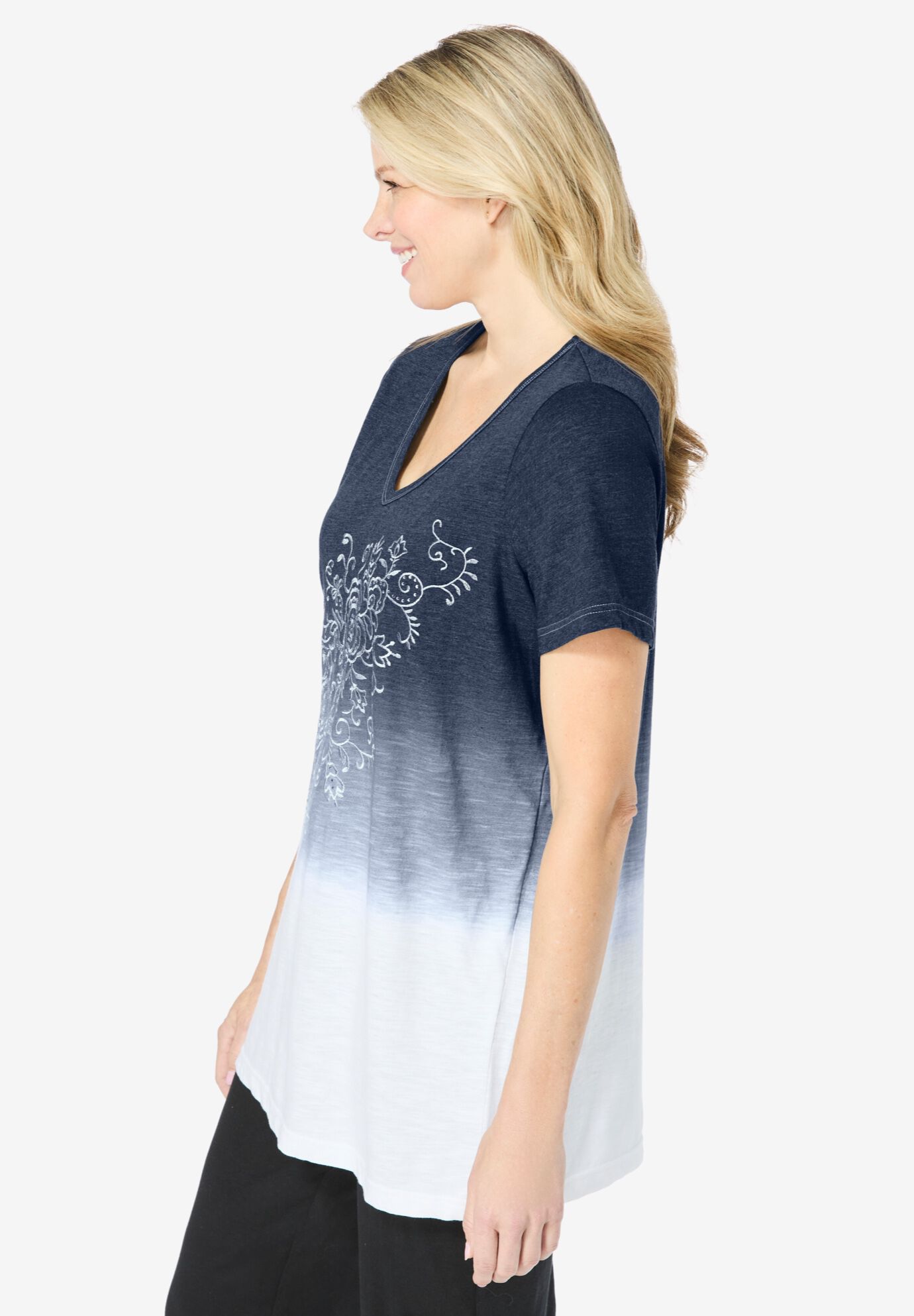 Short-Sleeve V-Neck Embroidered Dip Dye Tunic, NAVY OMBRE, alternate image number 2