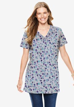 Perfect Printed Short-Sleeve Shirred V-Neck Tunic