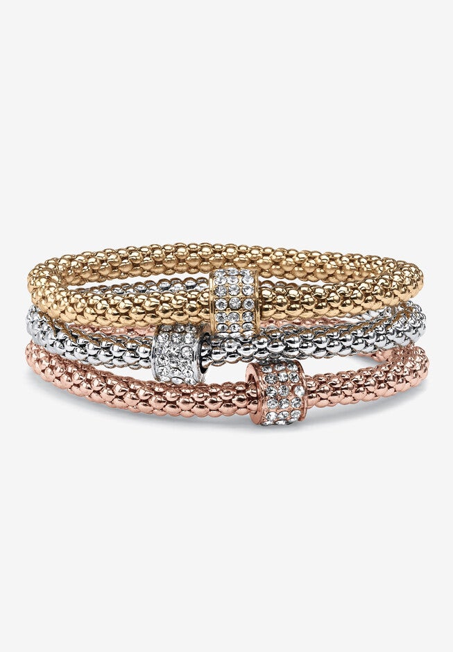 3-Piece Tritone Stretch Bracelet (5.5mm), Round Crystal in Goldtone, GOLD, hi-res image number 0