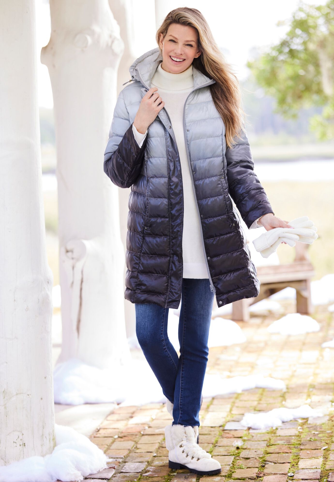 Packable long puffer jacket top